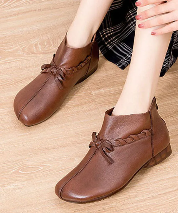 Boutique Bow Cowhide Leather Boots Warm Fleece Ankle BootsLC0513